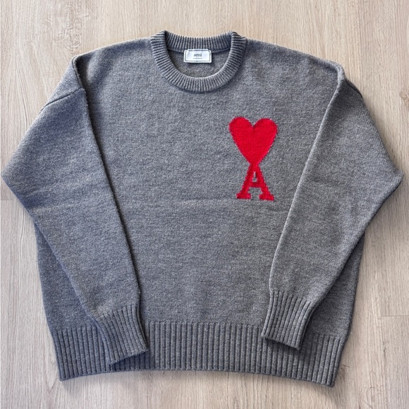 AMI Paris De Coeur Red Heart Intarsia Wool Sweater Grey Oversized Medium Unisex - Picture 9 of 15